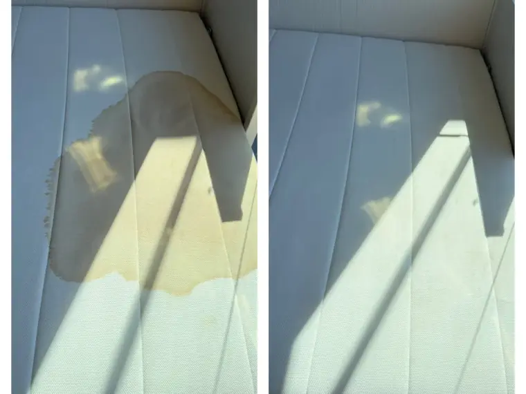 Detail sedáku před a po čištění se skvrnou na světlém čalounění