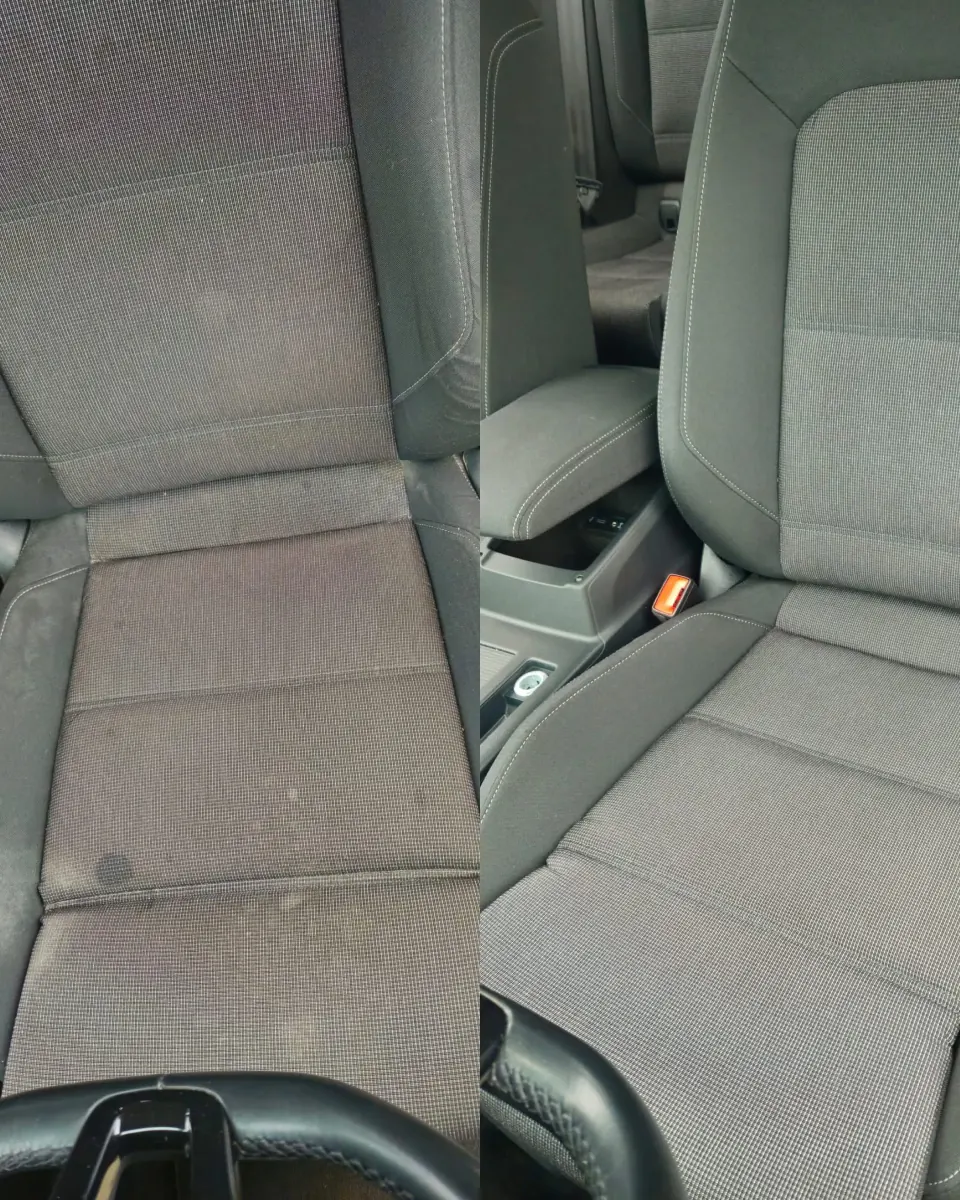 Čištění autosedaček ve světlém interiéru auta před a po