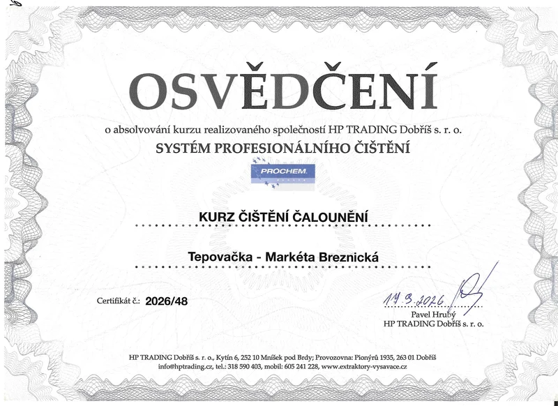Osvědčení o absolvování kurzu čištění čalounění Prochem – Markéta