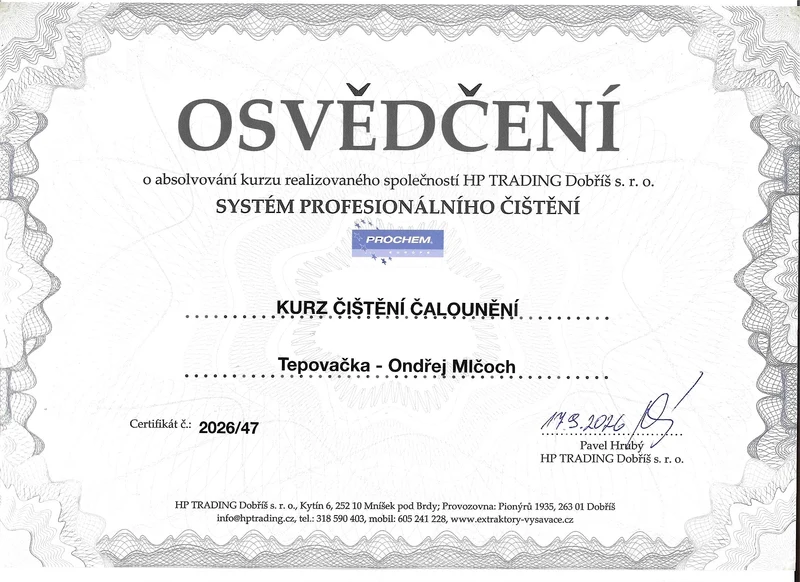 Osvědčení o absolvování kurzu čištění čalounění Prochem – Ondřej