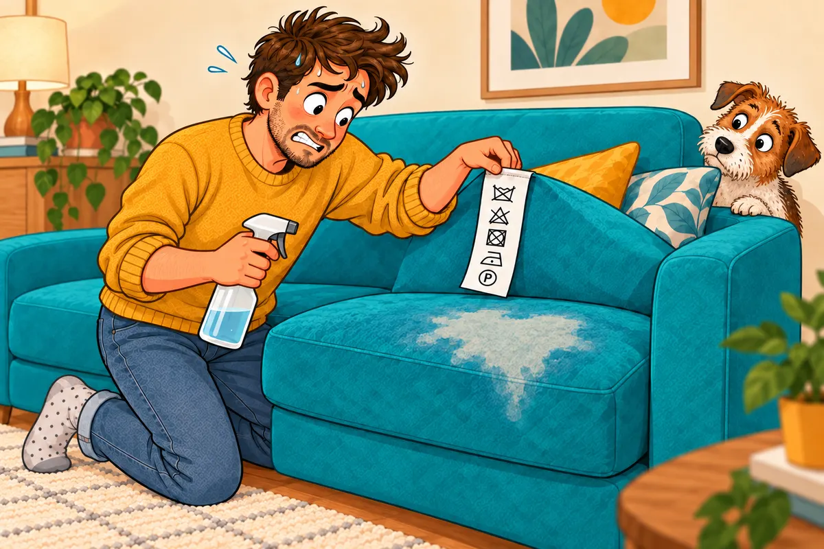 Ilustrace chyby: zákazník si všimne pokynů na štítku až poté, co čistič zanechal světlou skvrnu na sedačce.