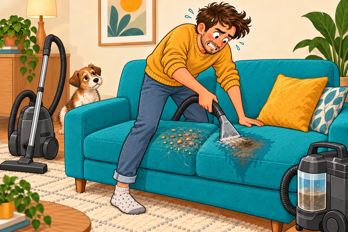 Ilustrace chyby: mokré čištění rozmáčí drobky a chlupy na sedačce, zatímco suchý vysavač zůstává stranou.