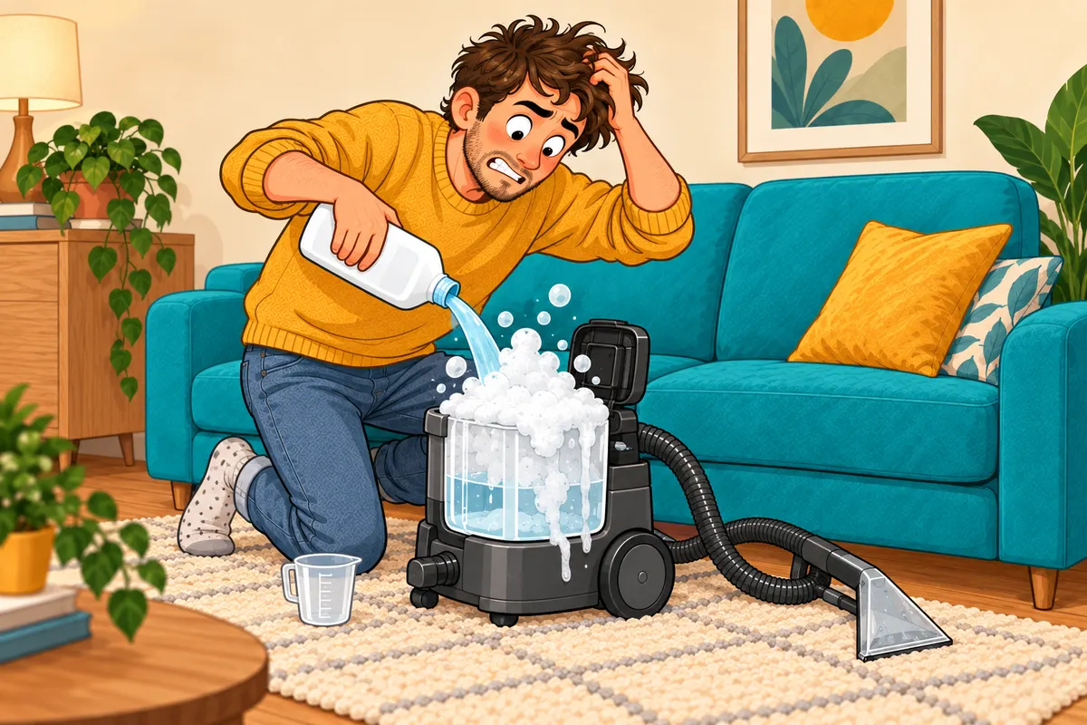 Ilustrace chyby: zákazník lije příliš mnoho čističe do tepovače, pěna přetéká a odměrka zůstává nepoužitá.