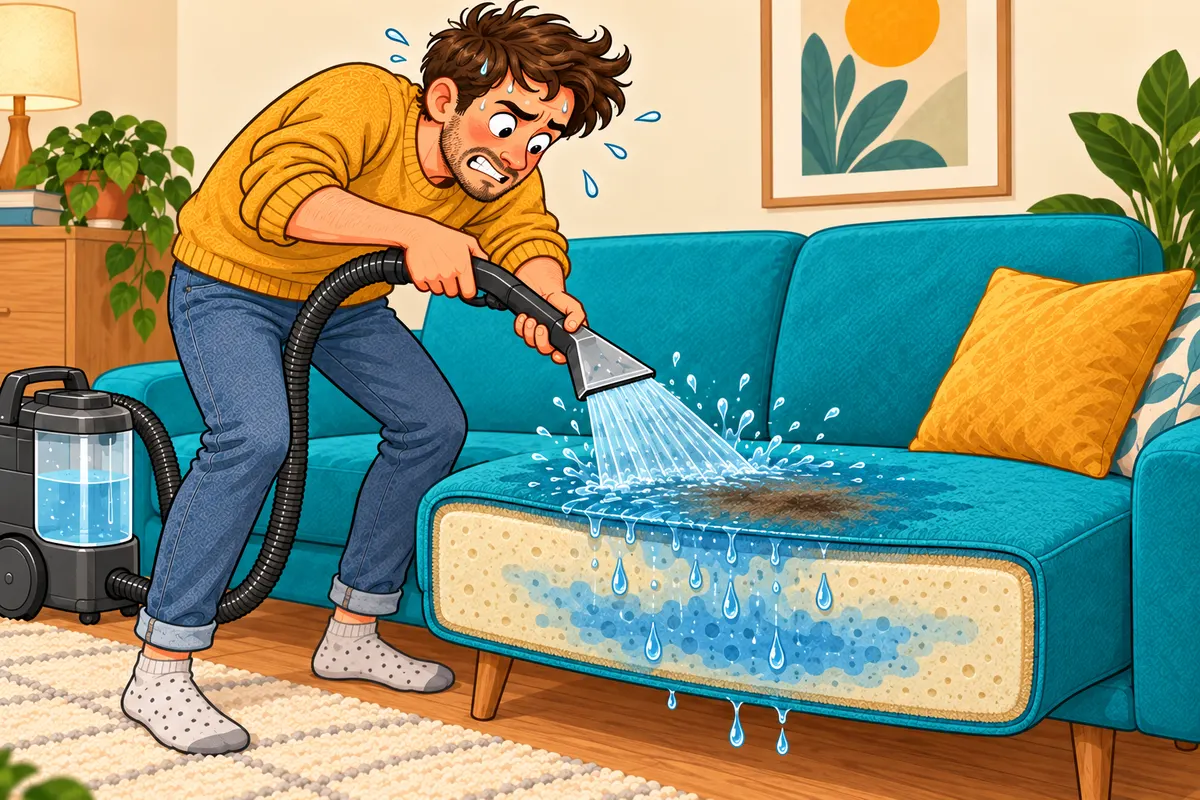 Ilustrace chyby: zpocený zákazník přemokřuje sedačku a názorný řez sedákem ukazuje vodu hluboko v molitanové výplni.