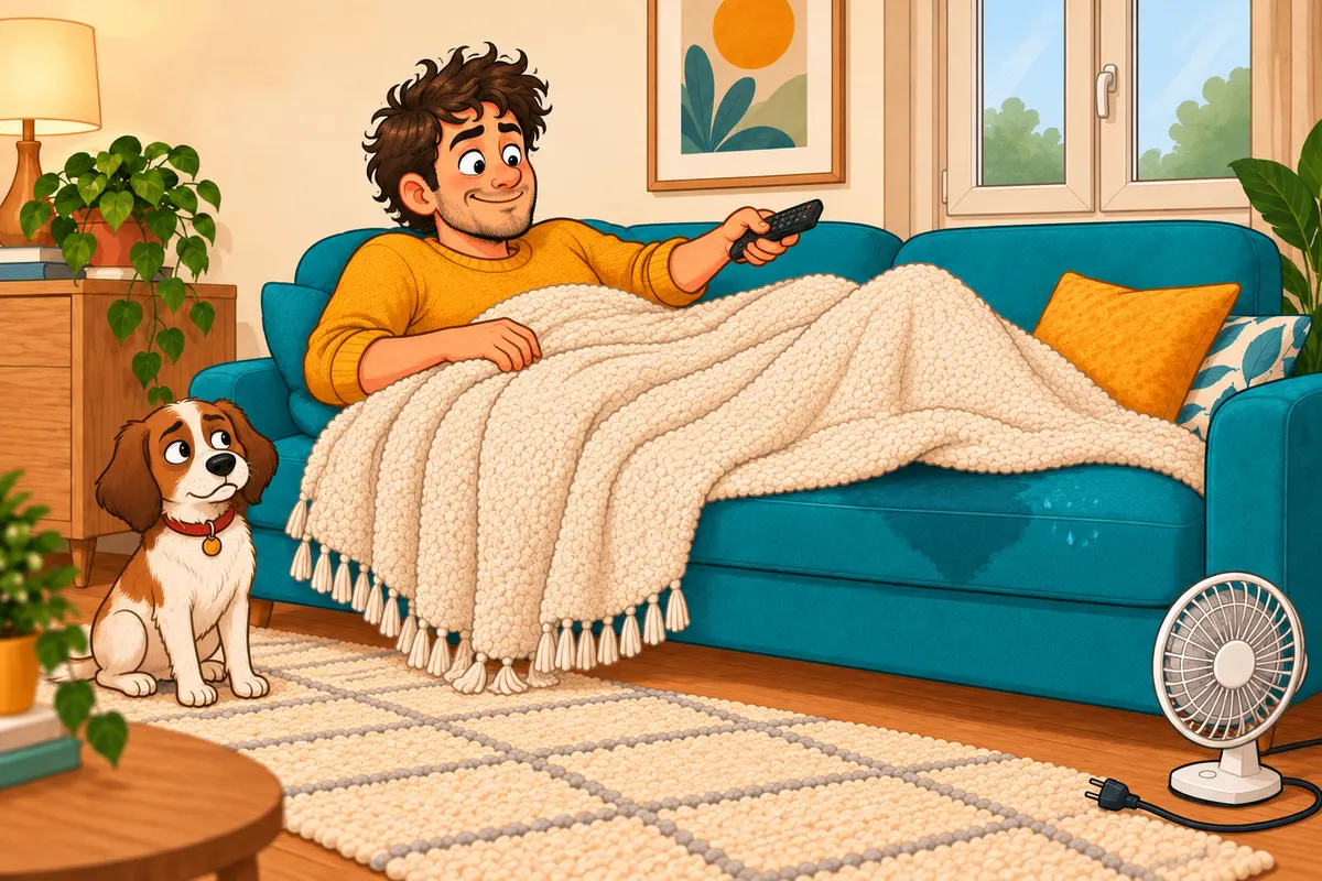 Ilustrace chyby: zákazník předčasně odpočívá pod dekou na ještě mokré sedačce. Okno je zavřené a ventilátor odpojený.