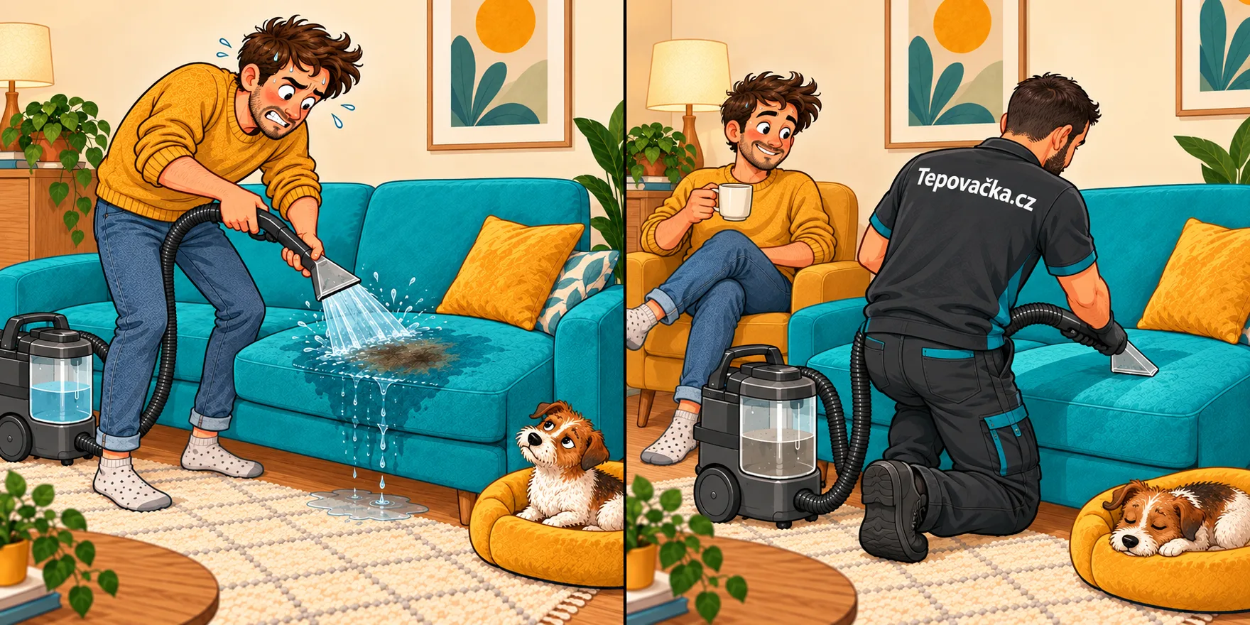 Ilustrační nadsázka: zpocený zákazník bojuje s půjčeným tepovačem a stříká příliš vody na skvrnu v sedačce.